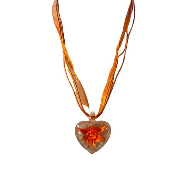 Glass Pendant Bursting Flower Necklace Dangle Earring Set - Picture 9 of 11